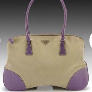 Prada Purple Leather and Beige Canvas Bauletto Shoulder Bag